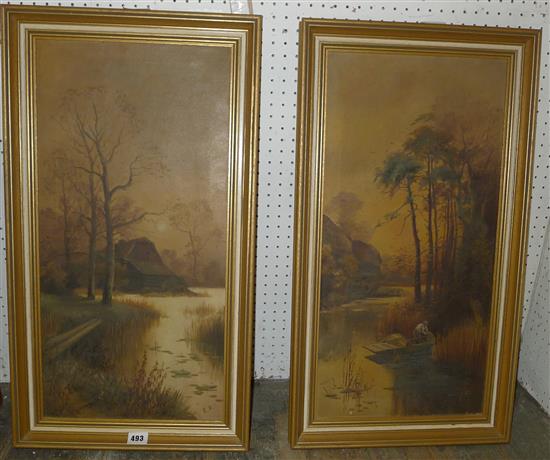 Pair oil of trees by river(-)